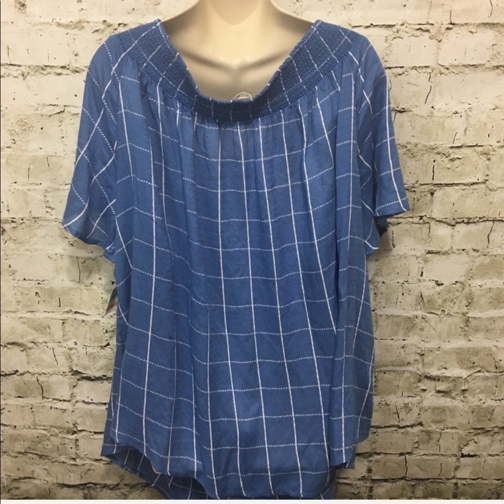 NWT Style & Co Poolside Check Off Shoulder Top - Picture 5 of 7